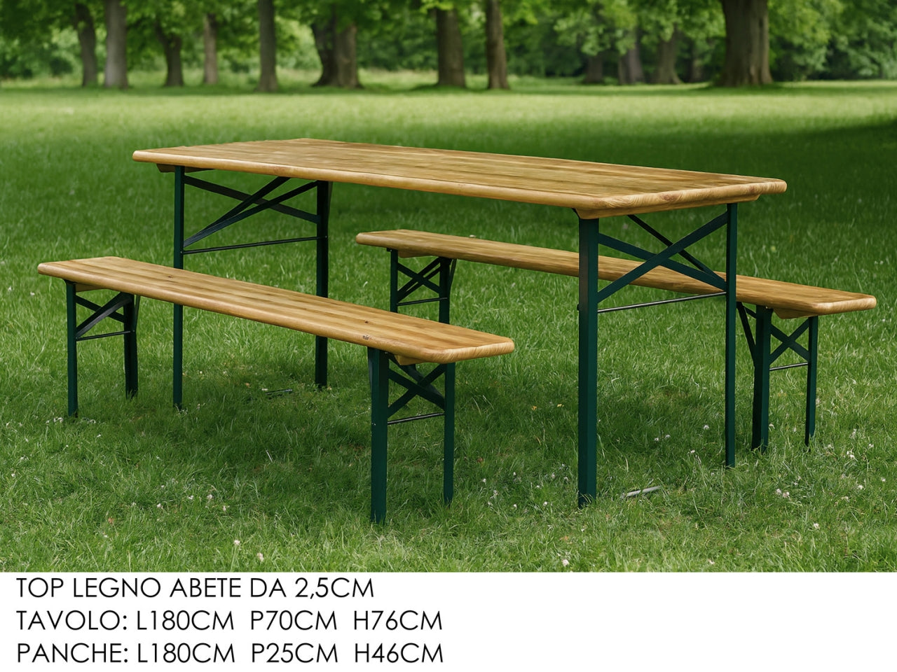 Tavolo con top in legno abete 180x70cm con 2 panchine richiudibile