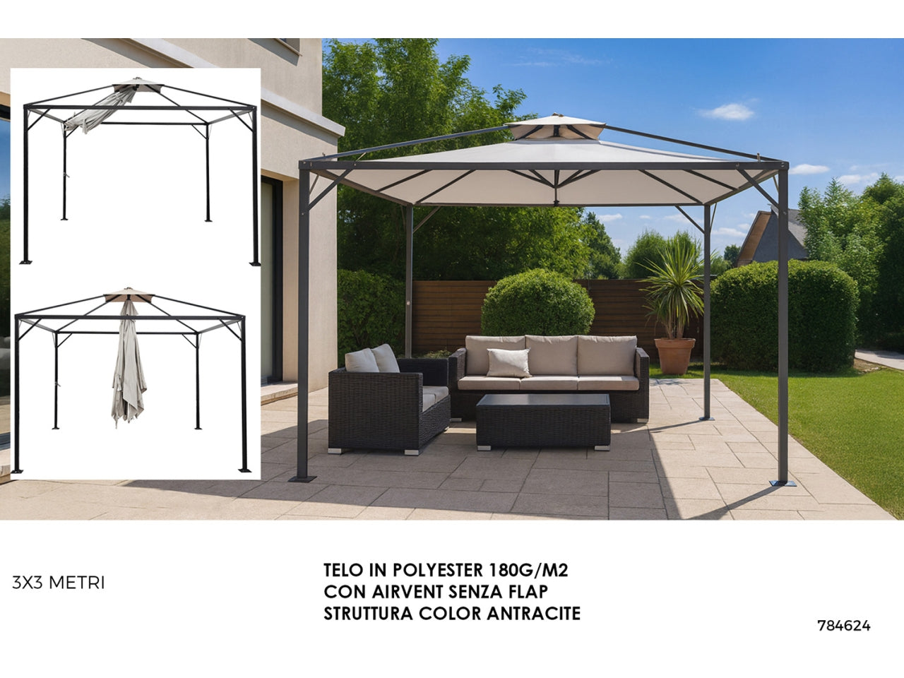 Gazebo ombrellone 3x3mt in tessuto poliestere ecrÃ¹ e struttura antracite