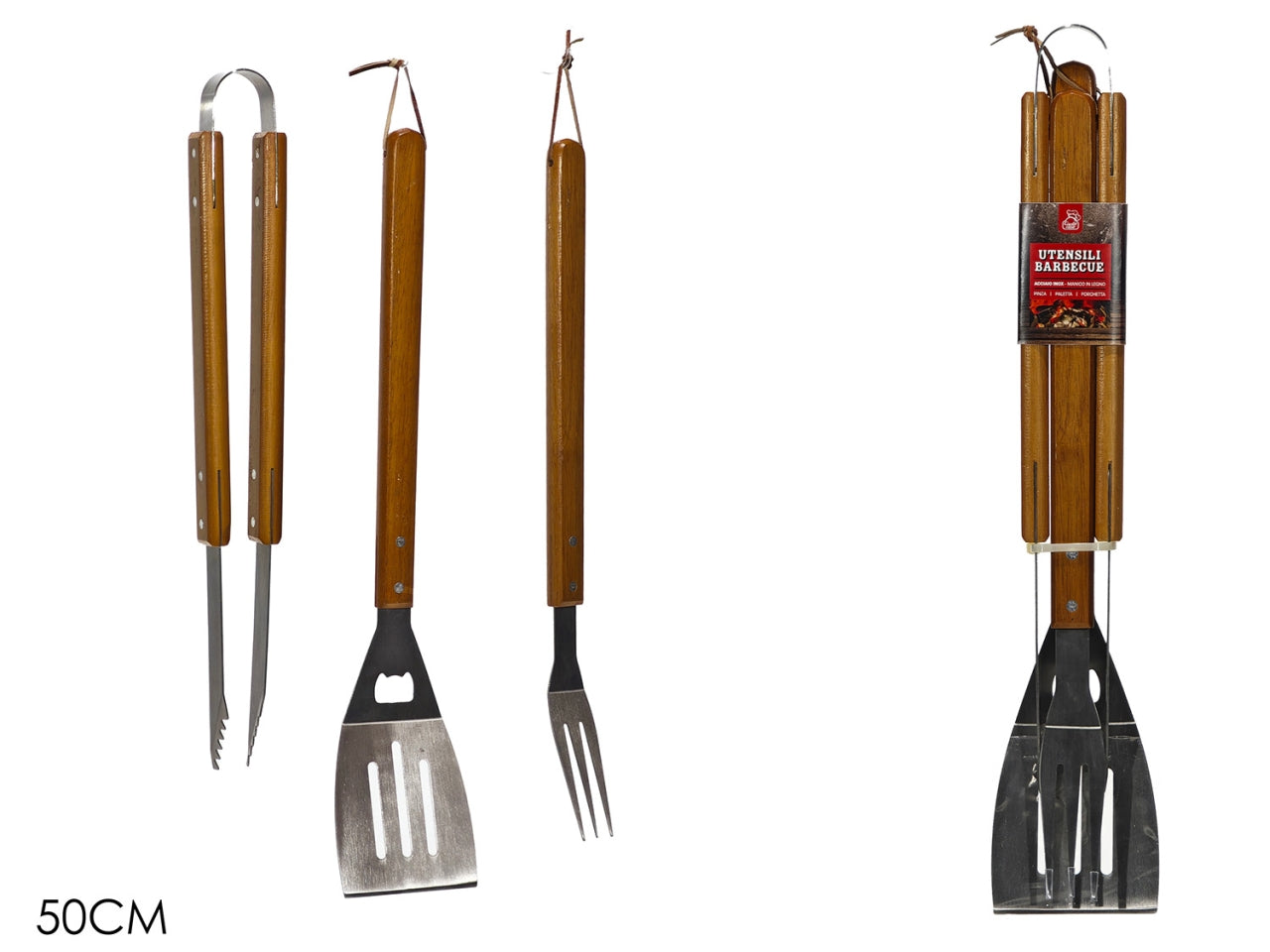 Utensili per barbecue 50cm set da 3 pezzi con manico in legno