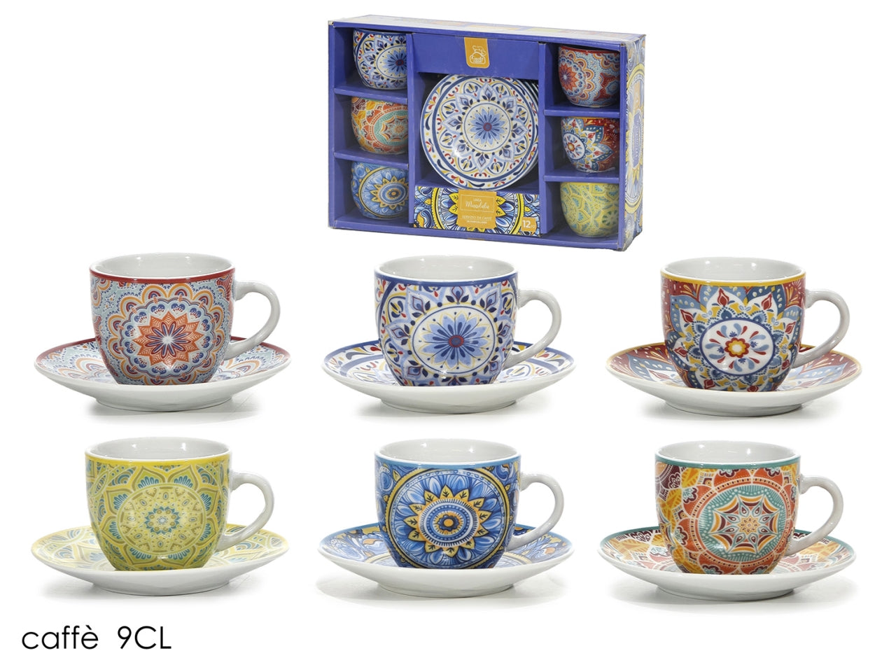 Tazzine da caffe' con piattino decorazione mandala in convezione da 6 pezzi in 6 assortimenti