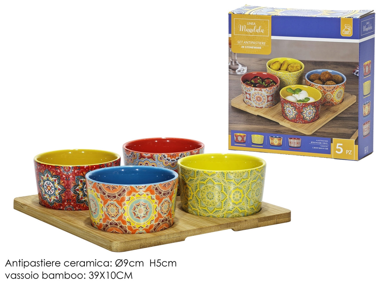 Antipastiera 4posti decorazione mandala con base in bamboo
