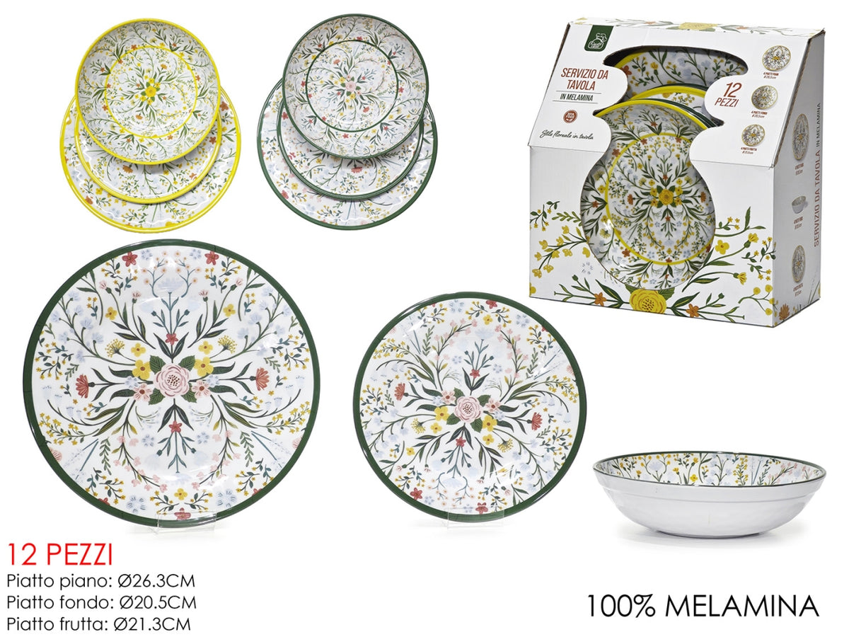 Servizio piatti12 pezzi in melamina decorazione fiori, 2 assortimenti