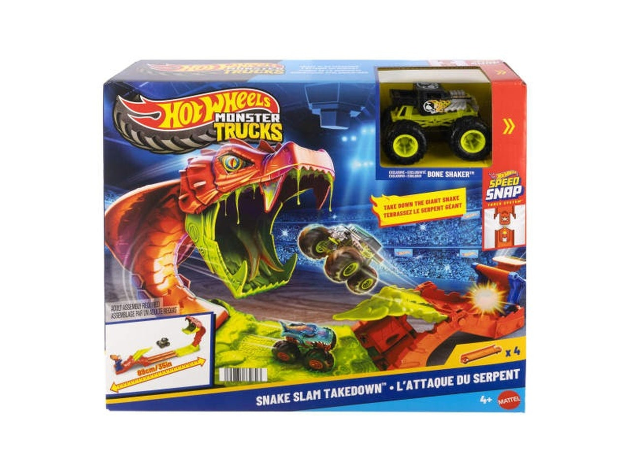 Hot Wheels monster truck snake slam takedown pista serpente