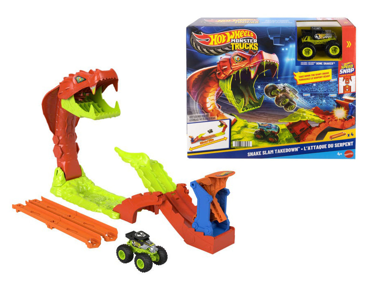 Hot Wheels monster truck snake slam takedown pista serpente