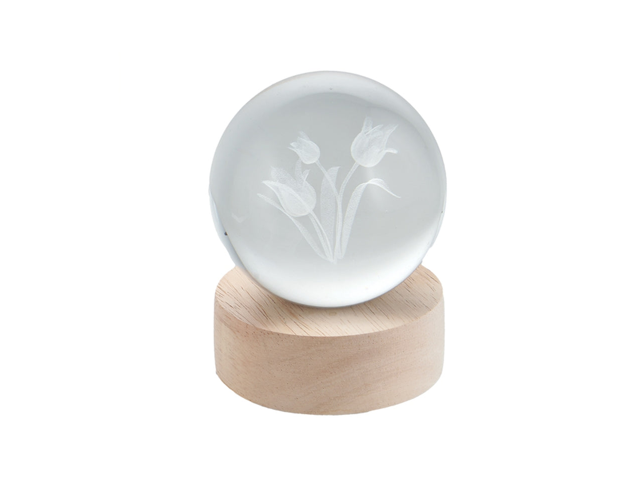 Sfera vetro luminosa con fiori d.8xh.10 su base in legno