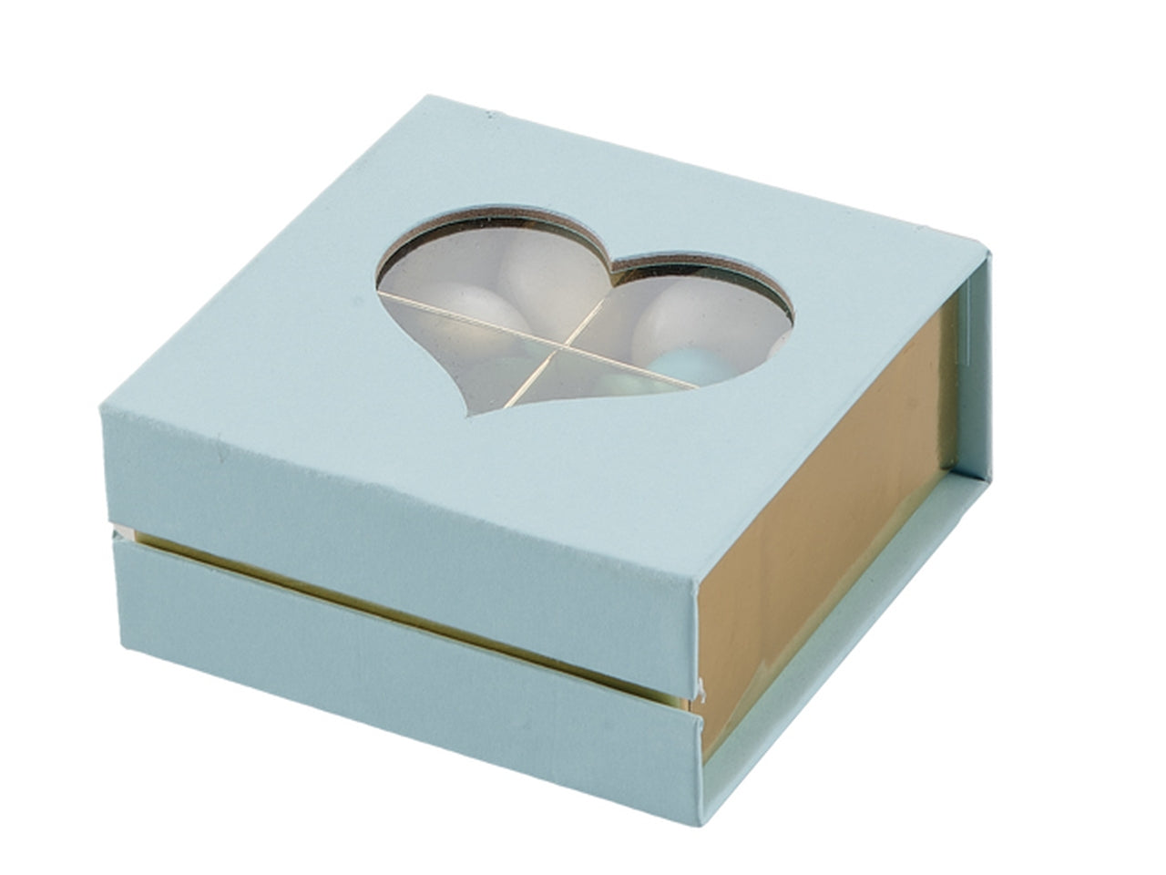 Scatola con cuore trasparente e divisori interni 9x9x4cm celeste
