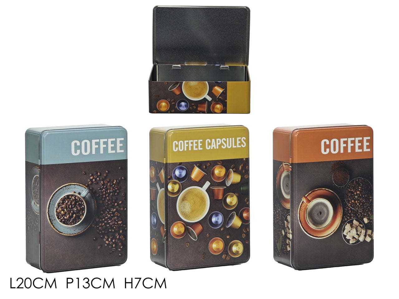 Portacapsule in latta rettangolare decorato 20x13xh.7cm in 3 fantasie assortite