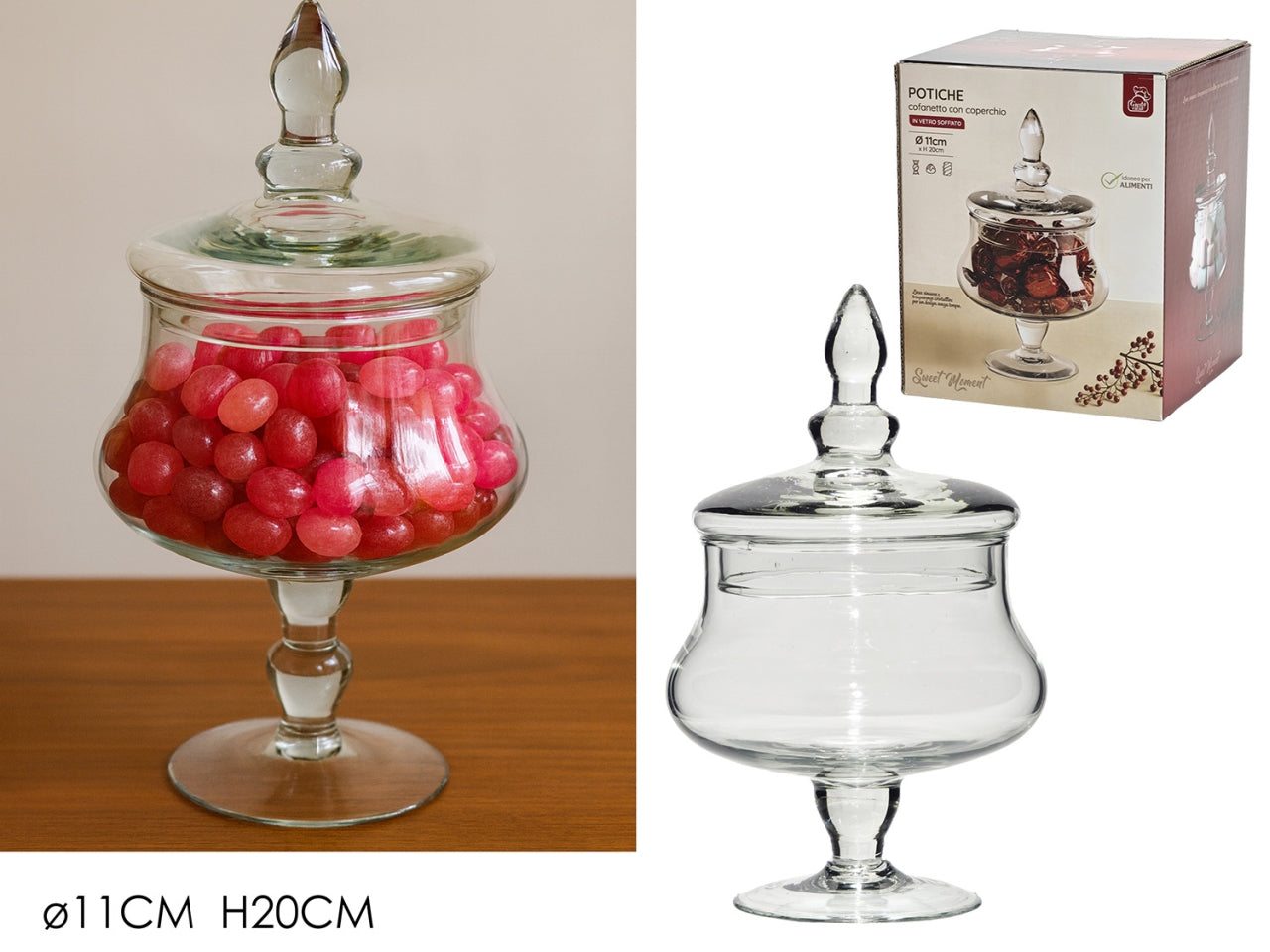 Potiche in vetro con coperchio d.11xh20cm