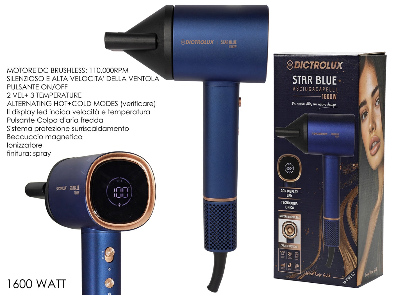 Asciugacapelli Star blue lcd con ionizzatore 1600w
