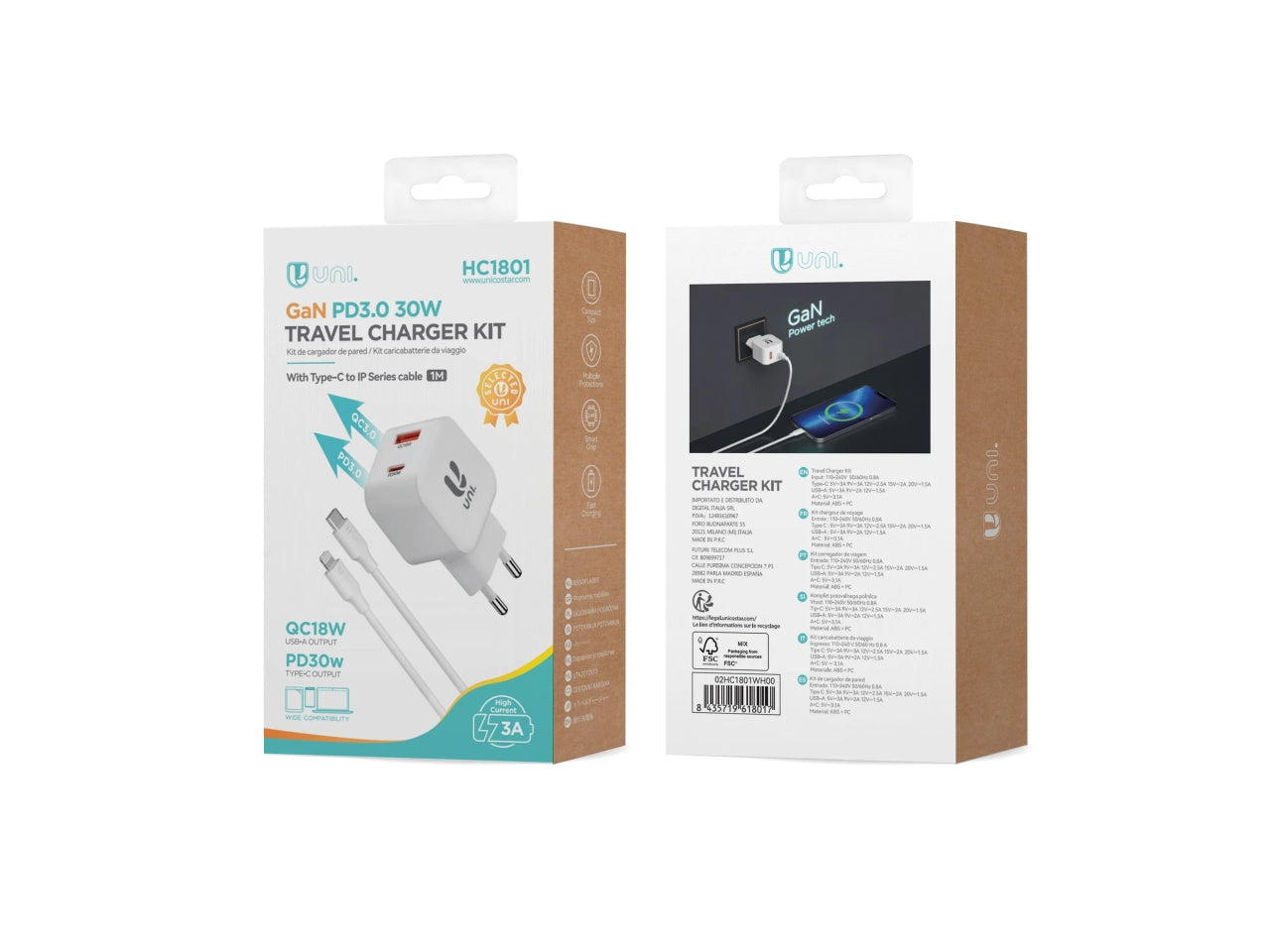 Caricatore Viaggio 2 Porte Type-C PD30W con Cavo Type-C a Lightning Kit Bianco