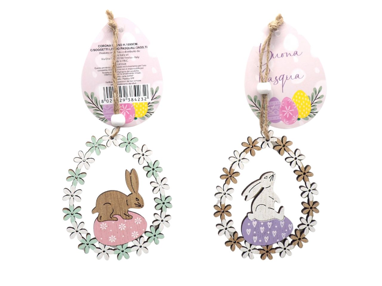 Corona in legno h.10x8cm con soggetti in legno pasquali in 2 assortimenti