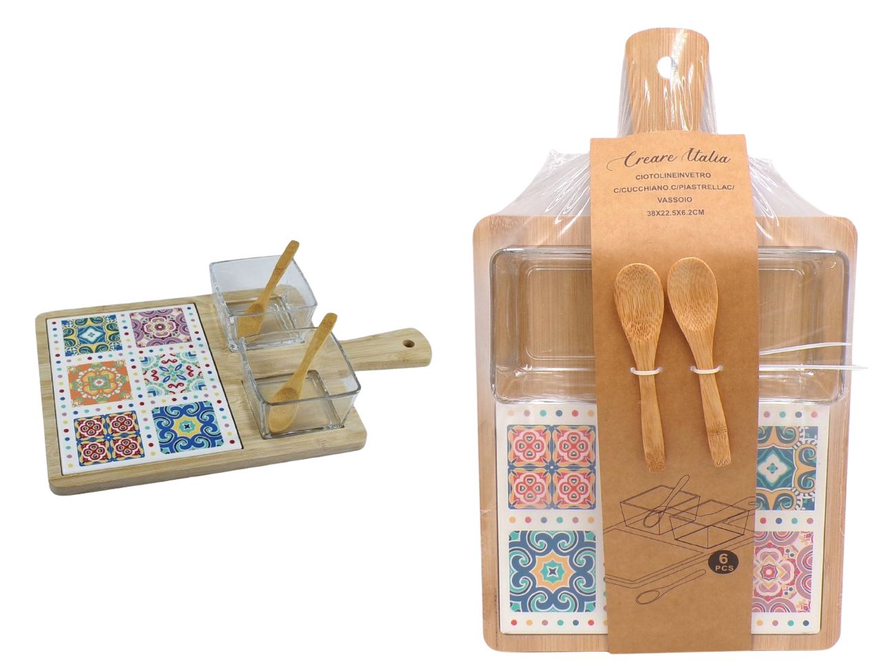 Ciotoline in vetro con cucchiano e piastrella con vassoio 38x22,5x6,2cm