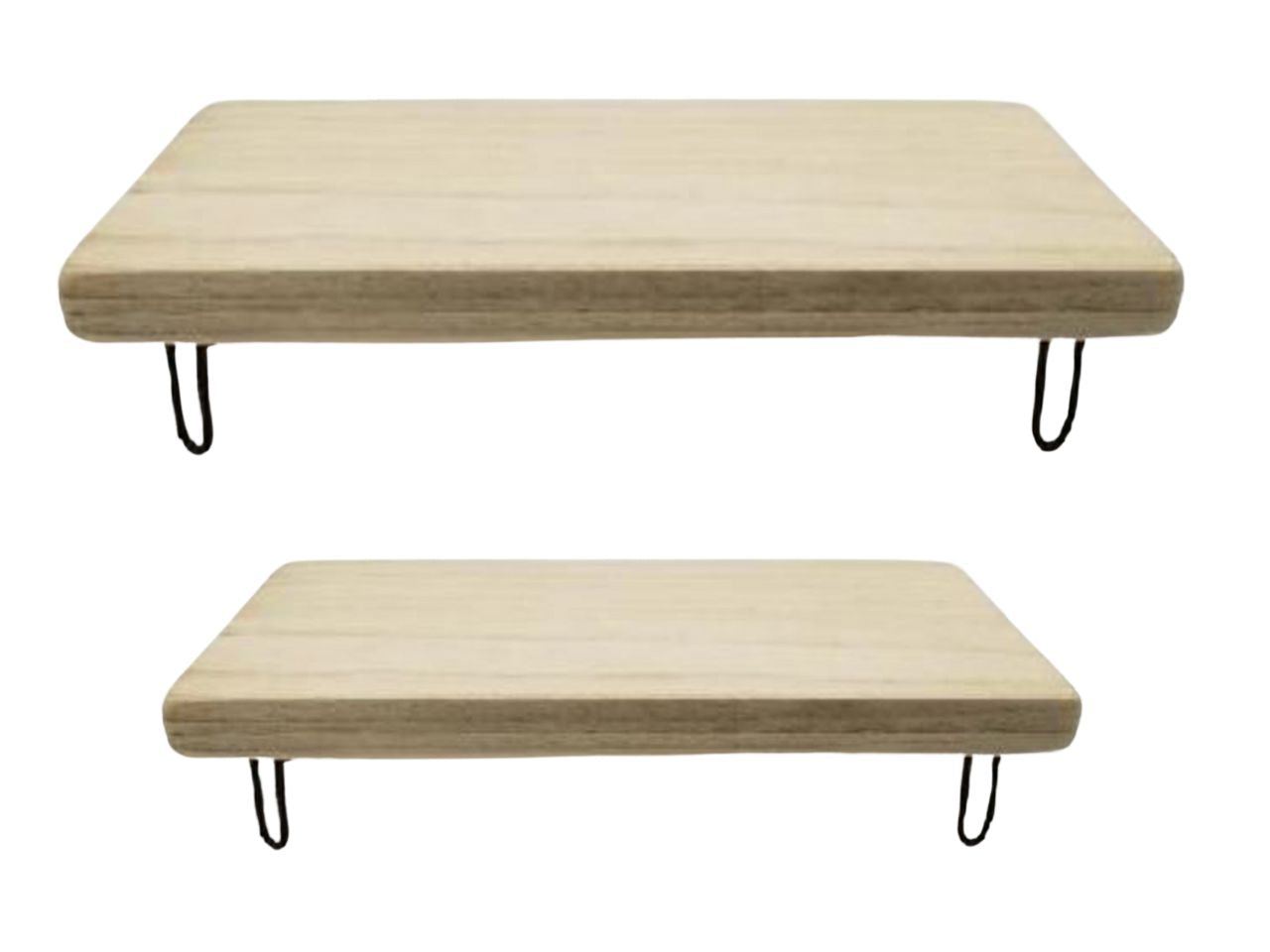 Set 2 vassoi legno naturale con piedini metallo h.11x41x20/h.9x33x18cm