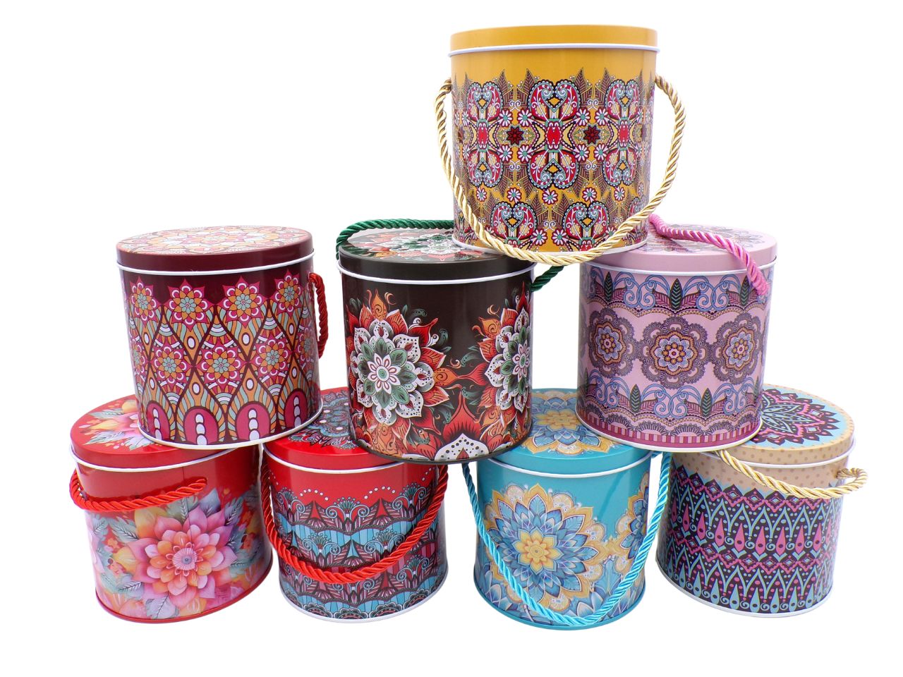 Scatola secchiello rotondo latta con manico h.11x11cm assortiti