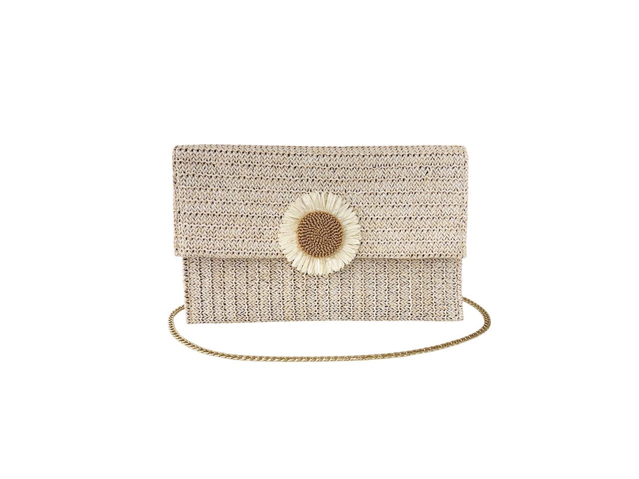 Borsetta in rafia beige con fiore centrale e tracolla in catena oro