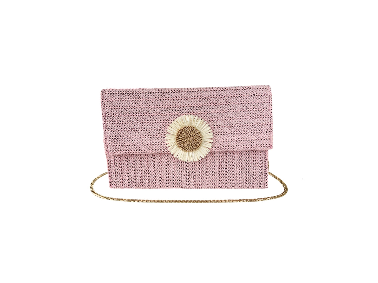 Borsetta in rafia rosa con fiore centrale e tracolla in catena oro