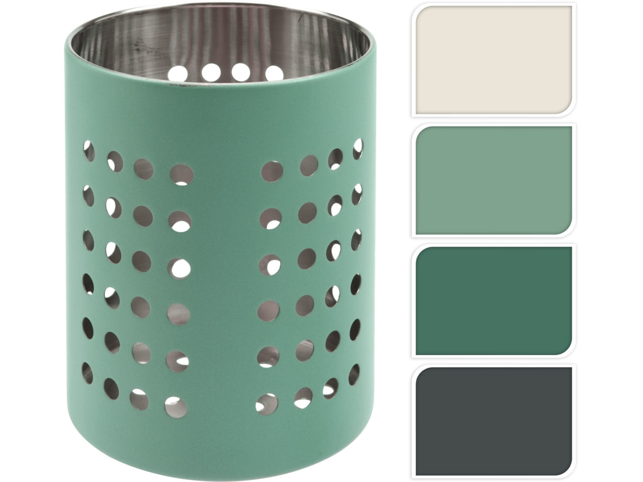Portaposate in acciaio inox con fori e finitura opaca. Peso minimo 120gr Dimensioni 11x11x13,2cm Disponibile in 4 colori assortiti