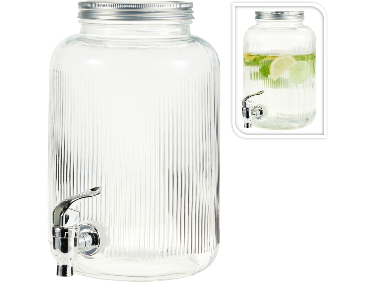 Dispenser per bevande in vetro, capacitÃ  4lt, con coperchio in acciaio inox e rubinetto in PP argento. Dimensioni d.16xH.25cm, peso 1264gr