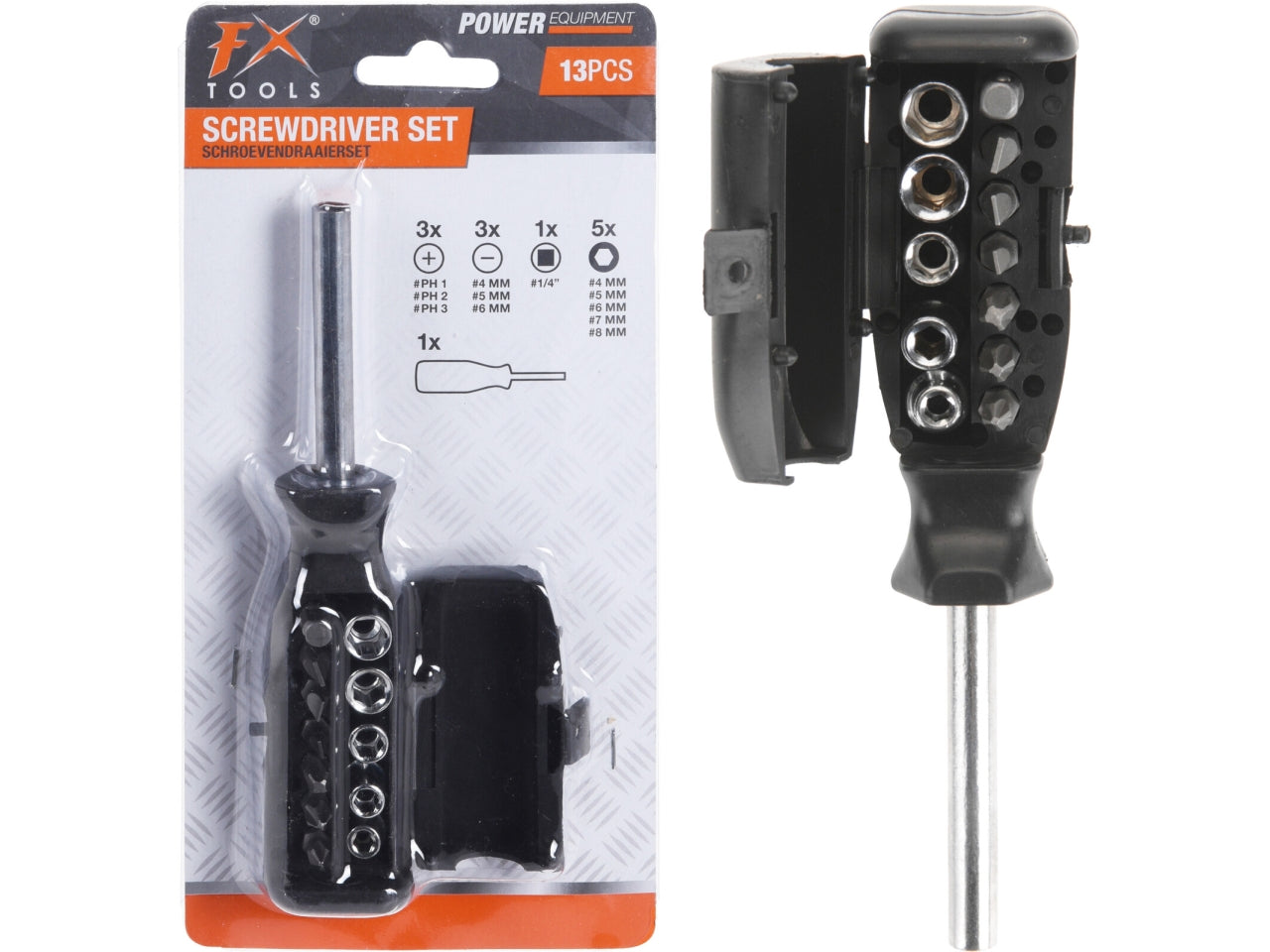 Set cacciavite con supporto e 12 bussole e inserti in acciaio al carbonio. Include 5 bussole (4, 5, 6, 7, 8mm), inserti Philips (1, 2, 3mm), piatti (4, 5, 6mm) e un inserto connettore. Manico da 16,5cm.