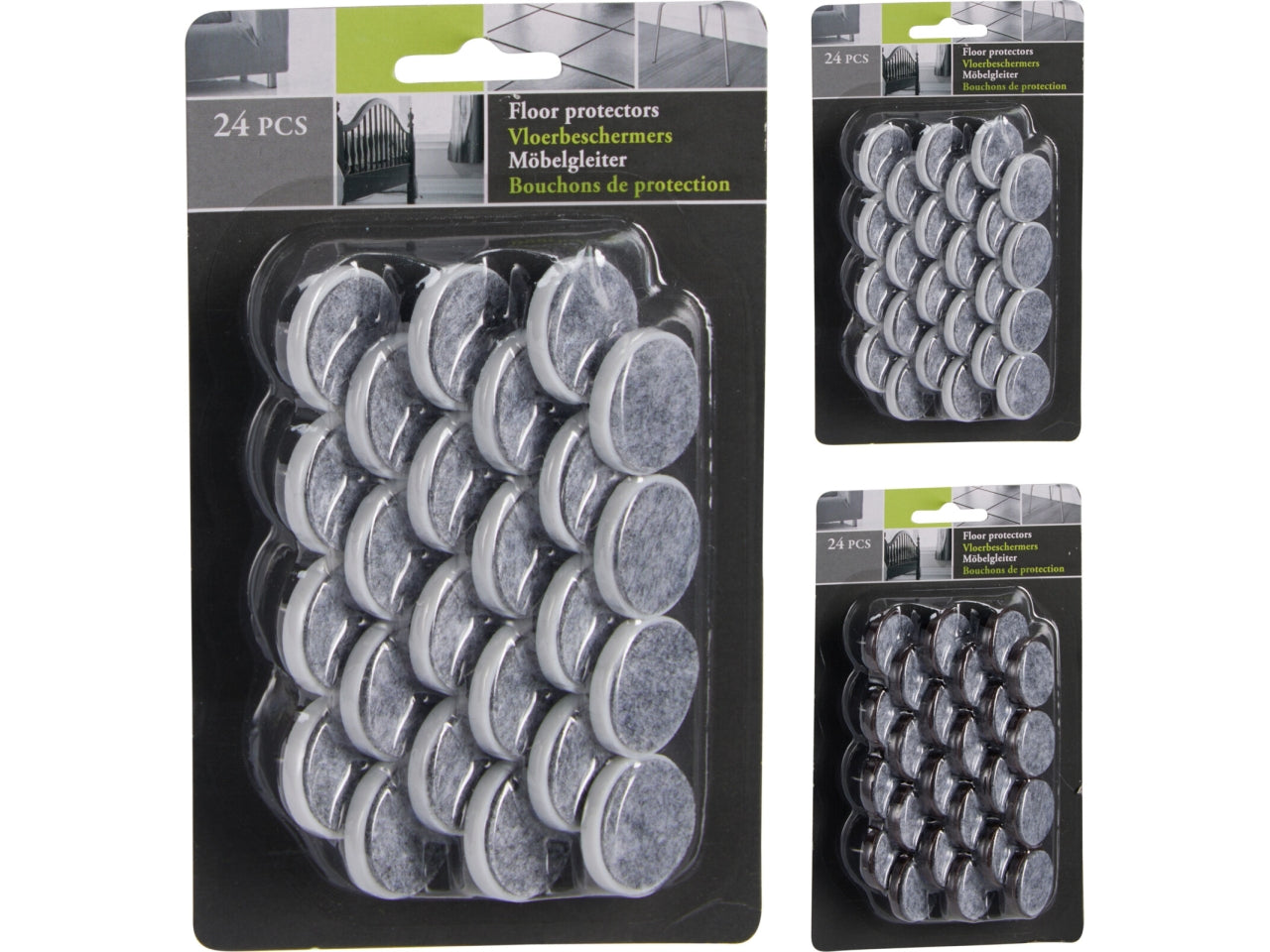 Set di 24 paracolpi per pavimento d.2,8cm in feltro, PP e acciaio. Feltro grigio e PP in 2 colori assortiti