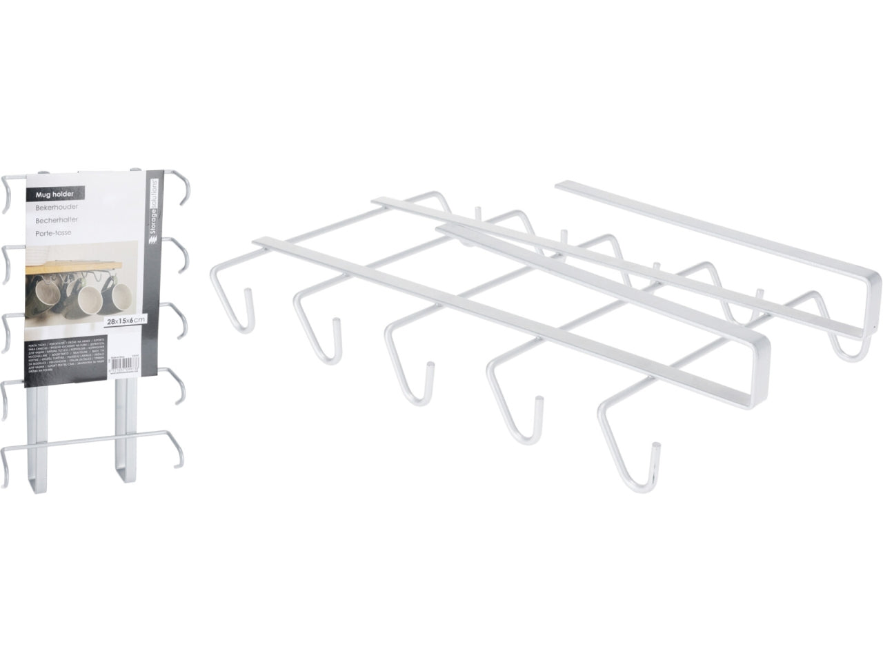 Portamug in ferro, dimensioni 28,5x15,5x6cm, peso 235gr Rivestimento grigio a polvere e adatto per 10 mug. Con sleeve decorativa.