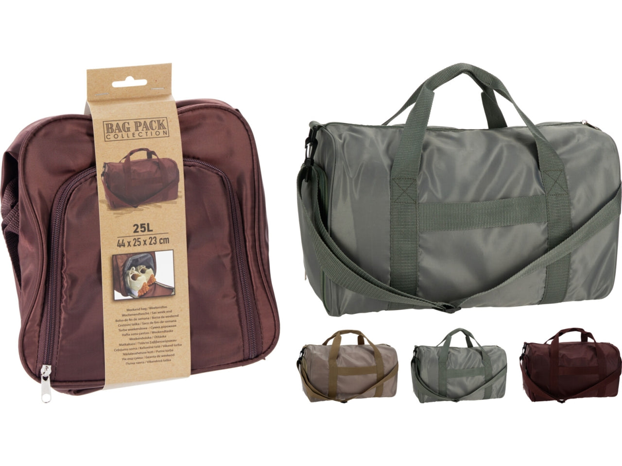 Borsa sport/weekend in poliestere effetto satin, capacitÃ  25lt, misure 44x25x23cm. Tasca interna con zip, scomparto principale con tiretto in tessuto, tasca frontale, tasca scarpe, due manici, tracolla regolabile, fascia per valigia ed etichetta logo fro
