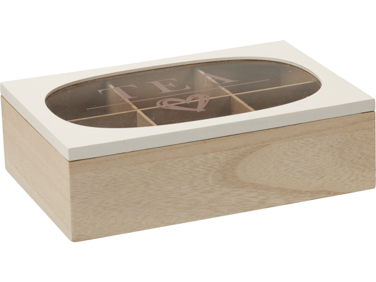 Scatola da tÃ¨ in MDF con coperchio in vetro, dimensioni 24x16,5x7cm, peso 500gr Duo colori bianco e naturale. Con 6 scomparti interni.