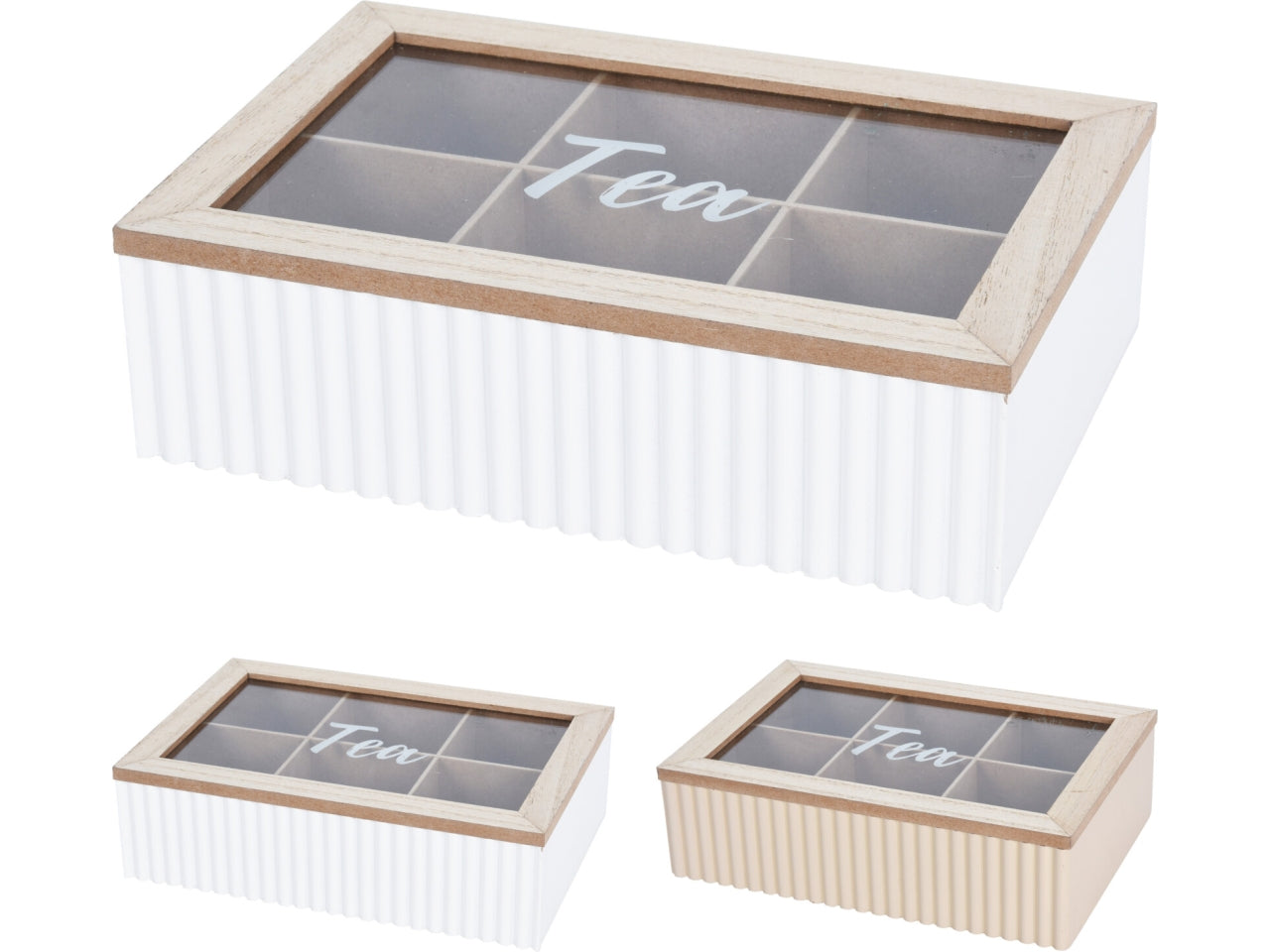 Scatola da tÃ¨ in MDF in 2 colori assortiti con parte superiore in MDF naturale. Presenta 6 scomparti con struttura a coste sul fronte. Dimensioni 24x16x7cm