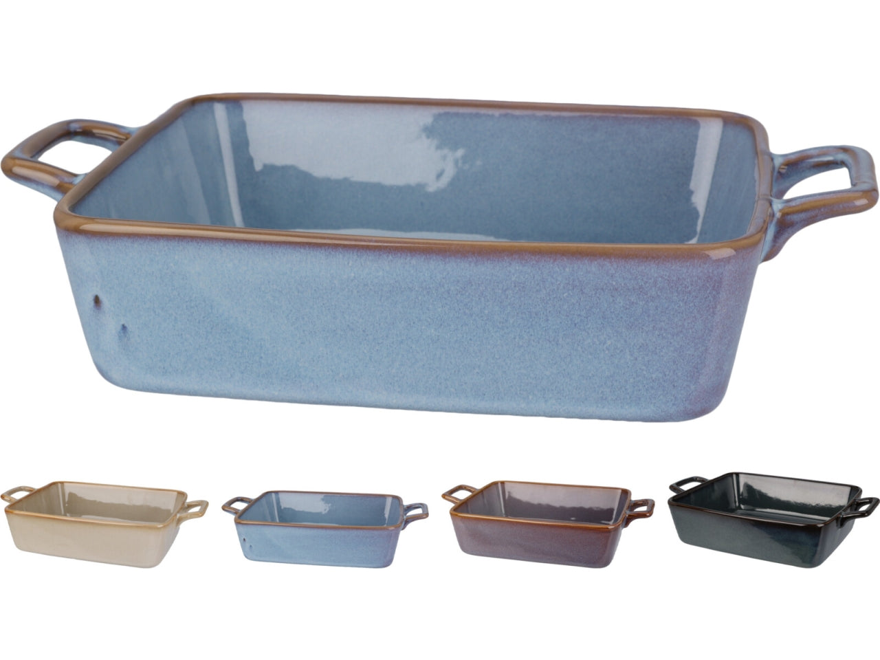 Teglia da forno in faÃ¯ence con due manici, capacitÃ  1750ml. Dimensioni 29x18,5x6,5cm. Rifinita con smalto reattivo. Disponibile in 4 colori assortiti