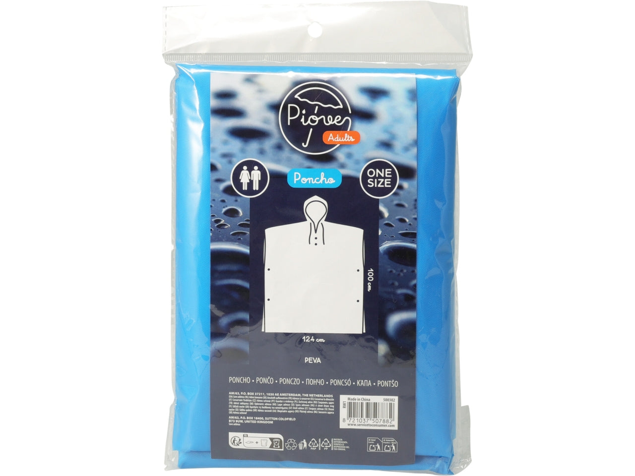 Poncho antipioggia per adulti taglia unica in PEVA, colore blu brillante. Con cappuccio e lacci bianchi. Dimensioni H.100xL.124cm.