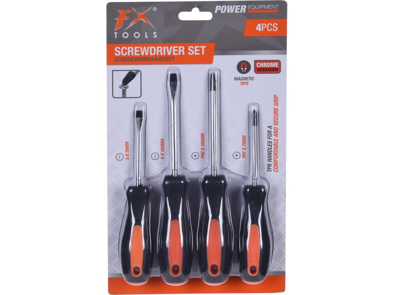 Set di 4 cacciaviti in blister sandwich con PH1 75mm, PH2 100mm, taglio 5x75mm e 6x100mm. In acciaio CR-V con impugnatura bicolore arancione/nero.