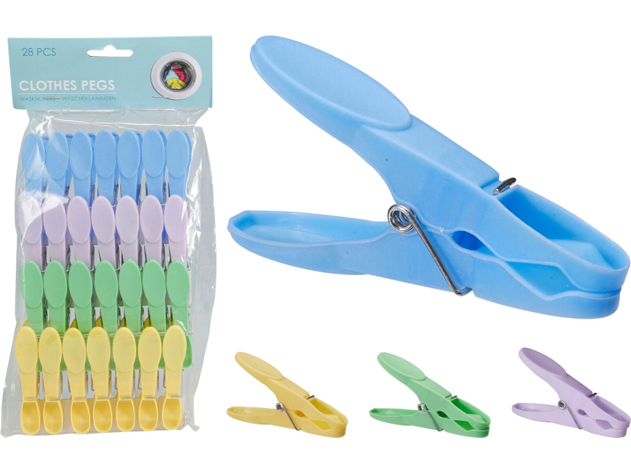 Set di 28 mollette da bucato in PP, lunghezza 8,5cm. Include 4 colori brillanti: blu, verde, giallo e viola
