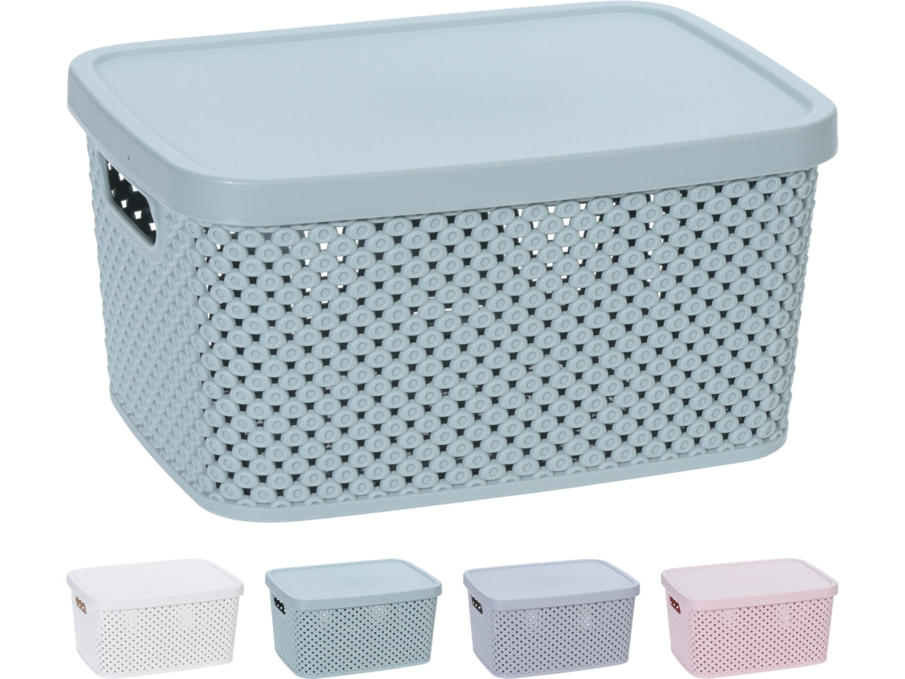 Scatola portaoggetti in PP con coperchio, capacitÃ  3500ml, design a diamante. Dimensioni 23x17x12cm, peso 240gr In 4 colori assortiti
