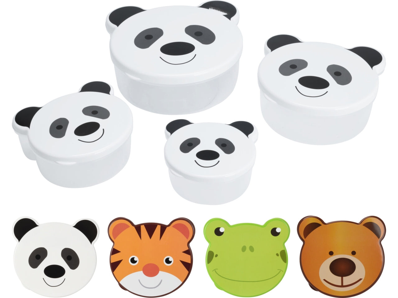 Set di 4 contenitori portaoggetti in PP con coperchio IML. Ogni set comprende 4 misure diverse in 4 modelli assortiti con animali per bambini