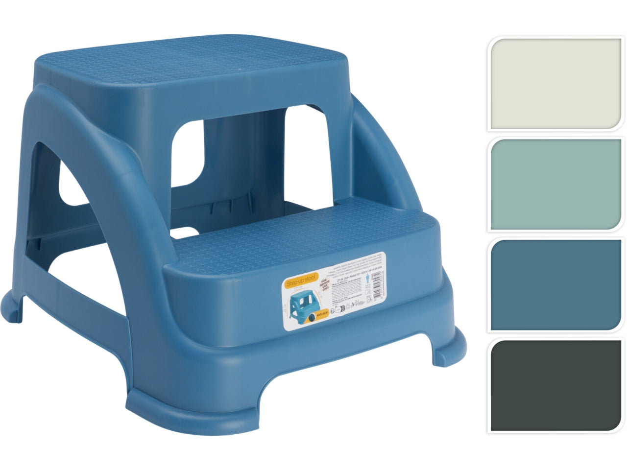Scaletta in PP con 2 gradini. Dimensioni 43x37,5xH.28cm, peso 840gr e capacitÃ  massima 150kg. Design impilabile in 4 colori assortiti