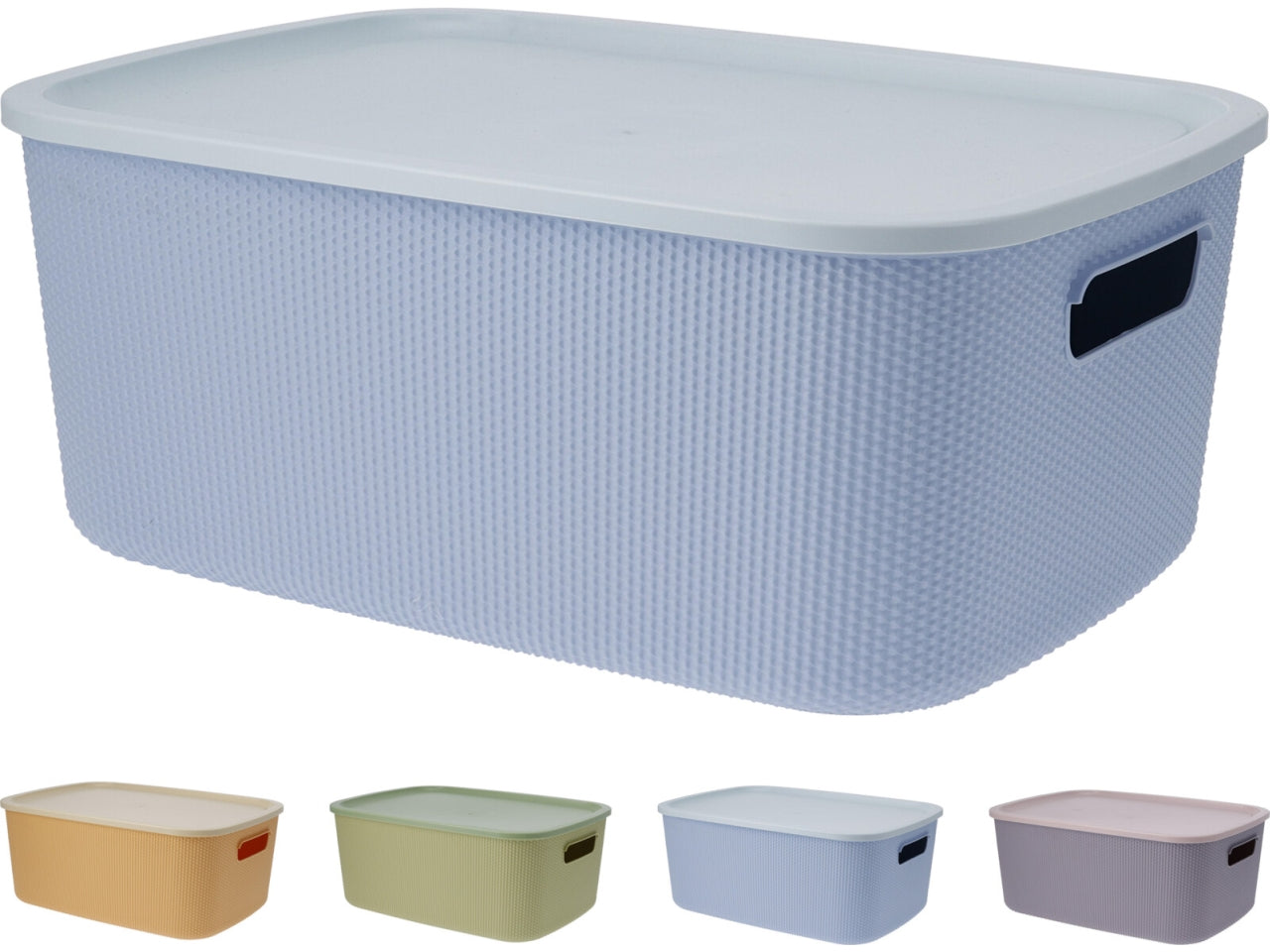 Scatola portaoggetti in PP con coperchio, capacitÃ  11lt, dimensioni 36,8x26,8x15cm, peso 423gr In 4 colori assortiti: verde, giallo, blu e viola.