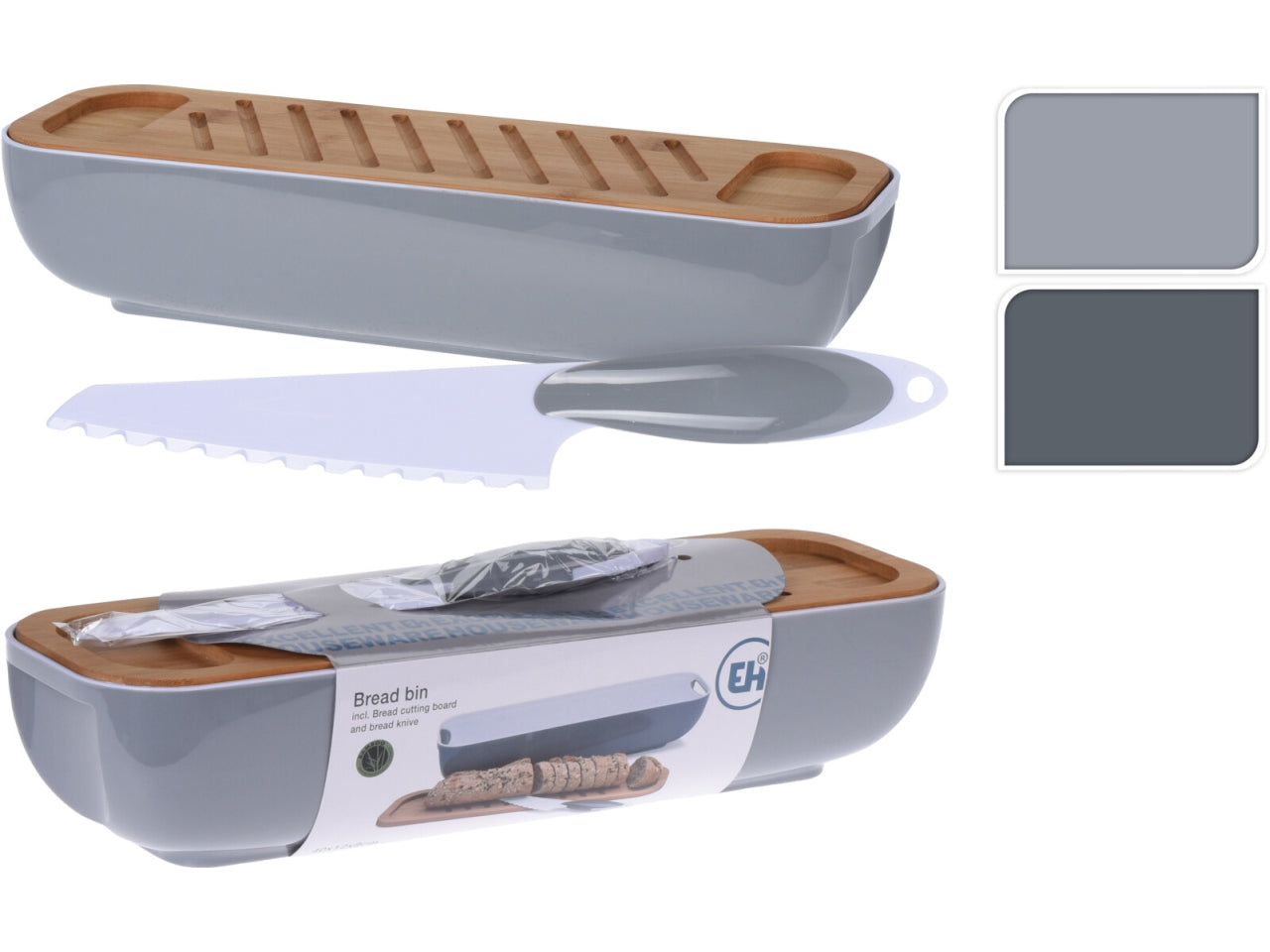 Portapane in PS con coperchio in bambÃ¹ e coltello in ABS. Colori bicolore in 2 assortimenti. Dimensioni 40x12,5x8,5cm, coltello 27cm, peso 670gr