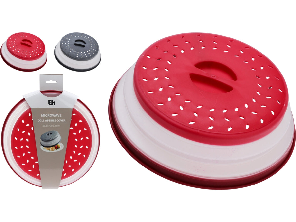 Coperchio per microonde pieghevole in PP e TPE, diametro 26,6cm, altezza 7cm, altezza piegata 3,5cm. Peso 154gr In 2 colori assortiti