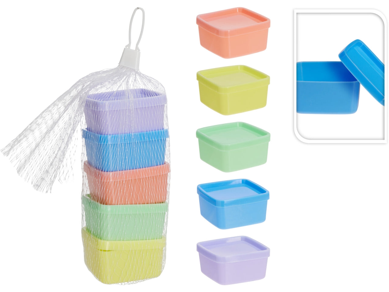 Set di 5 scatole porta scorte in PP, ciascuna 65x65x32mm e 14gr Cinque colori: rosa, blu, viola, verde e giallo