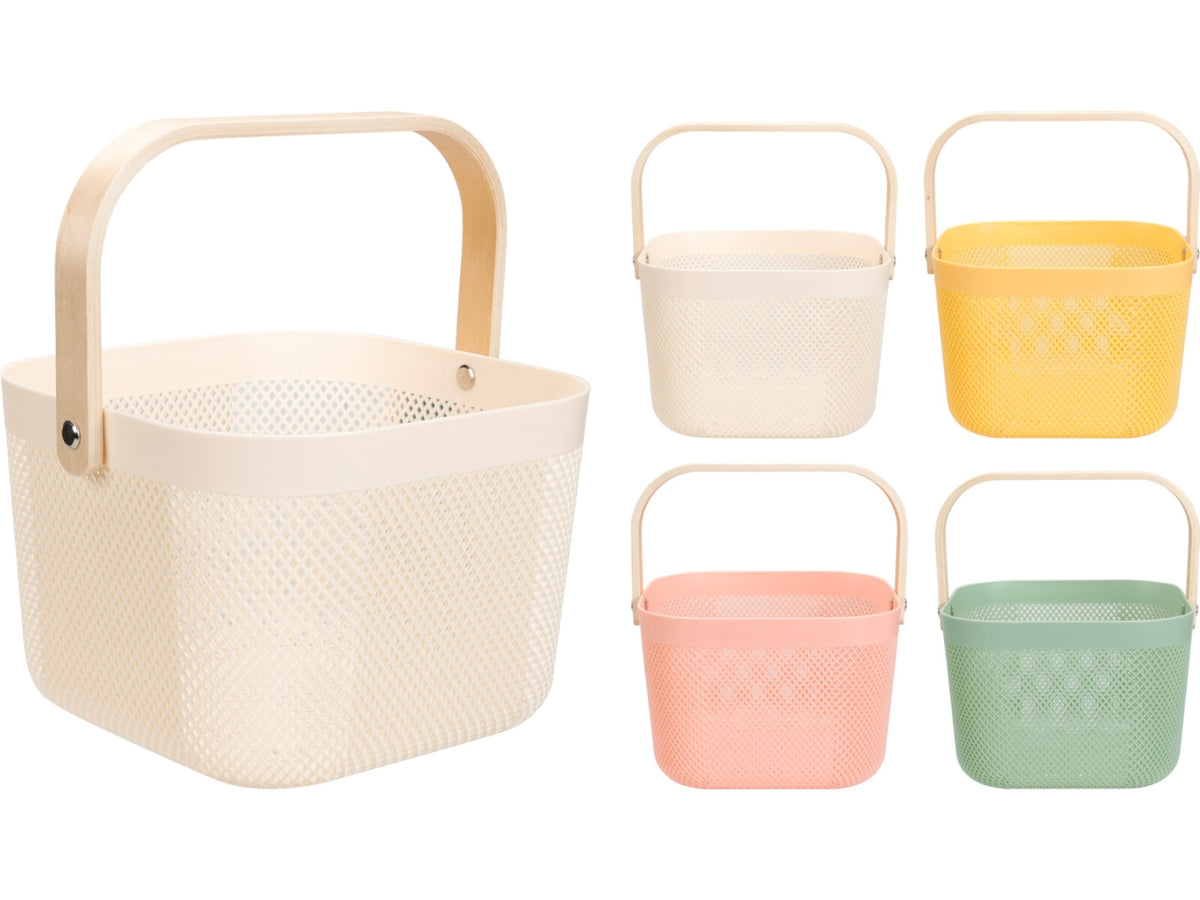 Cesta in PP con manico in bambÃ¹, dimensioni 24x24x17cm, peso 310gr In 4 colori assortiti: verde, rosa, giallo e grigio