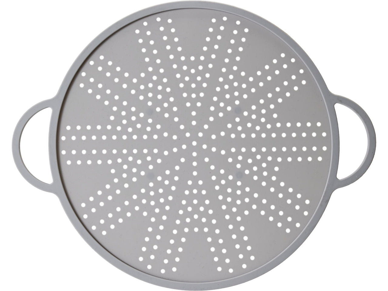 colino 3-in-1 in silicone con bordo in acciaio inox, 34x27,5x0,5cm, peso 180gr Utilizzabile come colino, sottopentola e paraschizzi. Colore grigio freddo con due manici e quattro piedini antiscivolo.