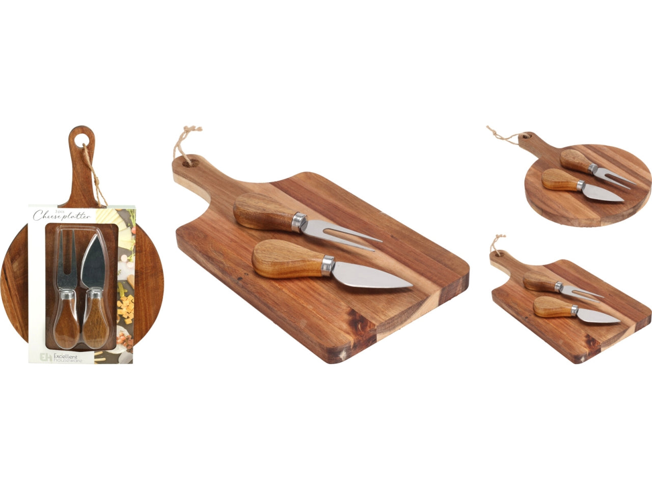 Tagliere da formaggio in legno di acacia con 1 coltello e 1 forchetta in acciaio inox 430 con manico in acacia. Due forme assortite: rotonda 25x17,5x1,5cm e rettangolare 28,5x14x1,5cm. Con cordino sul manico