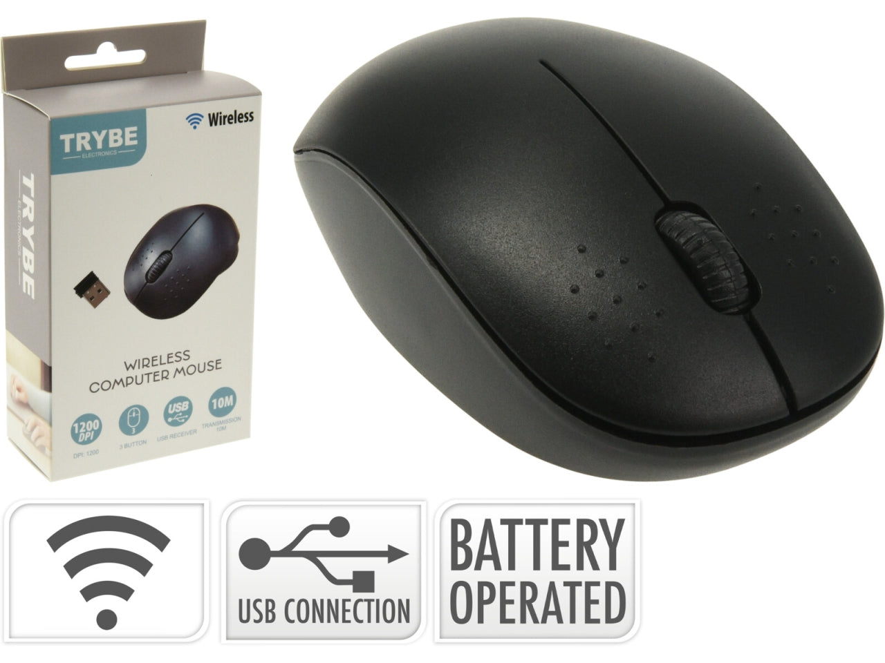 Mouse per computer wireless nero, dimensioni 100x65x30mm. Dotato di 2 pulsanti e rotella di scorrimento, sensore da 1200 dpi, funziona con 2 batterie AAA (non incluse). Connessione 2,4 GHz con ricevitore USB e portata di 10m