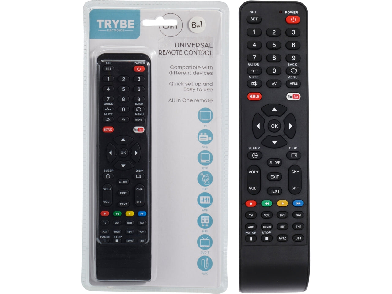 Telecomando universale con 8 funzioni per TV, VCR, DVD, AUX, SAT, AMP, HIFI e DVB-T. Dimensioni 5x1,8x20,5cm. Funziona con 2 batterie AAA (non incluse). Peso 74gr