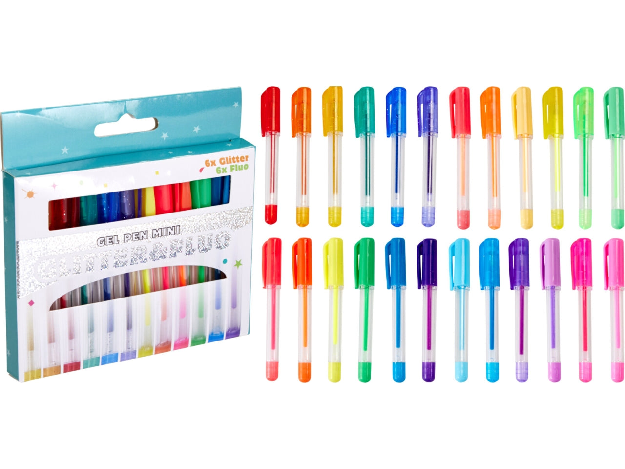 Set di 12 mini penne gel in 2 stili assortiti: stile 1 con 6 colori pastello e 6 neon, stile 2 con 6 glitter e 6 fluo