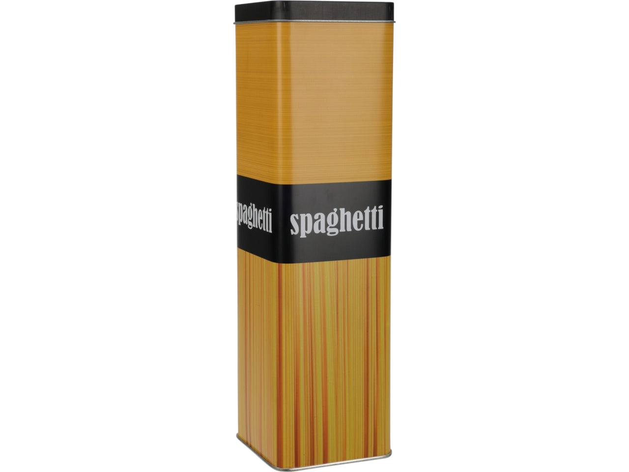 Barattolo porta scorte in metallo, dimensioni 8,5x8,5x30cm, spessore 0,22mm. Finitura opaca con design fotografico spaghetti