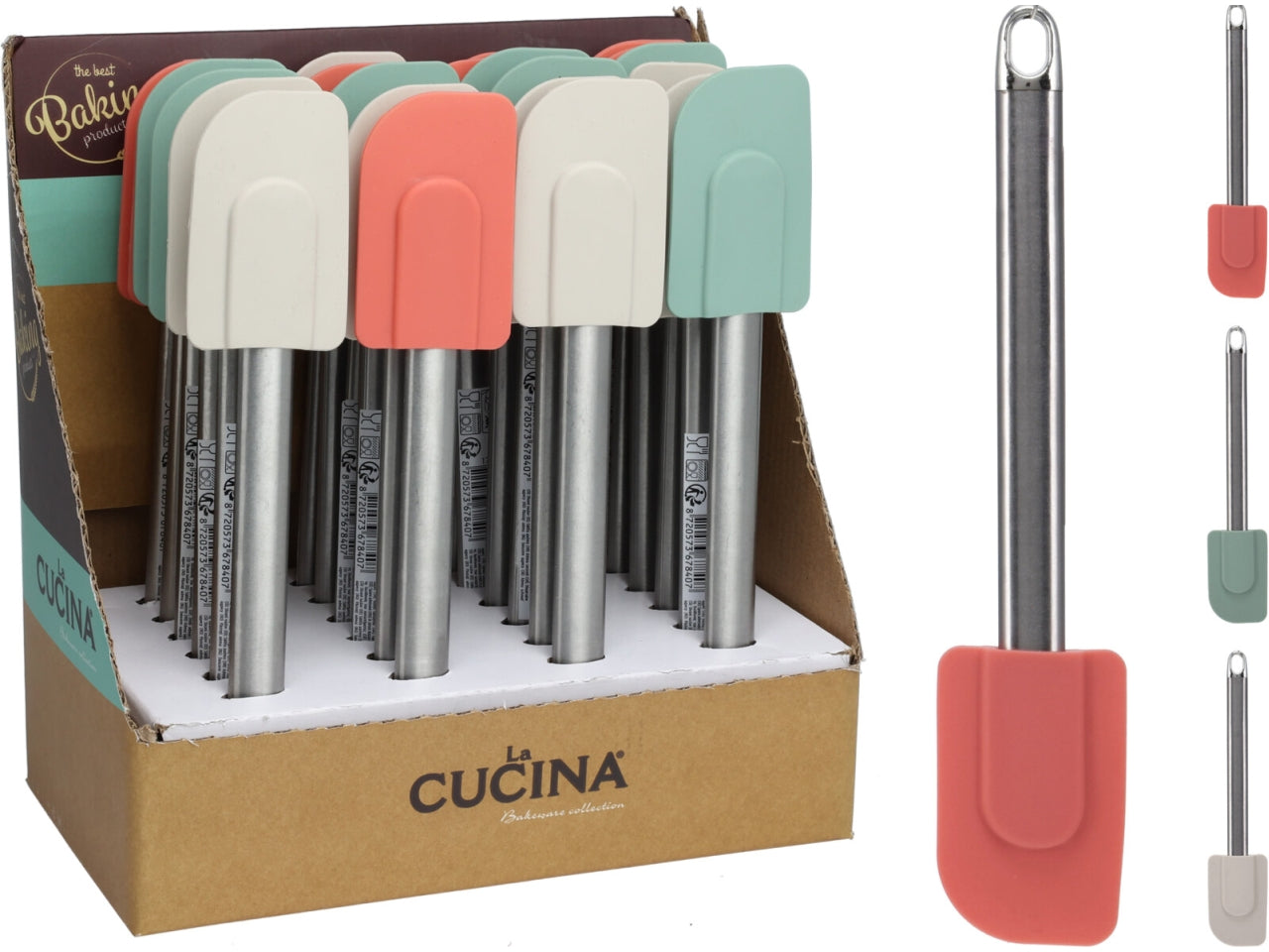 Spatola in silicone con manico in acciaio inox, lunghezza 24cm e peso 37gr. Conforme agli standard LFGB e DGCCRF. In 3 colori assortiti Cucina HG 2022