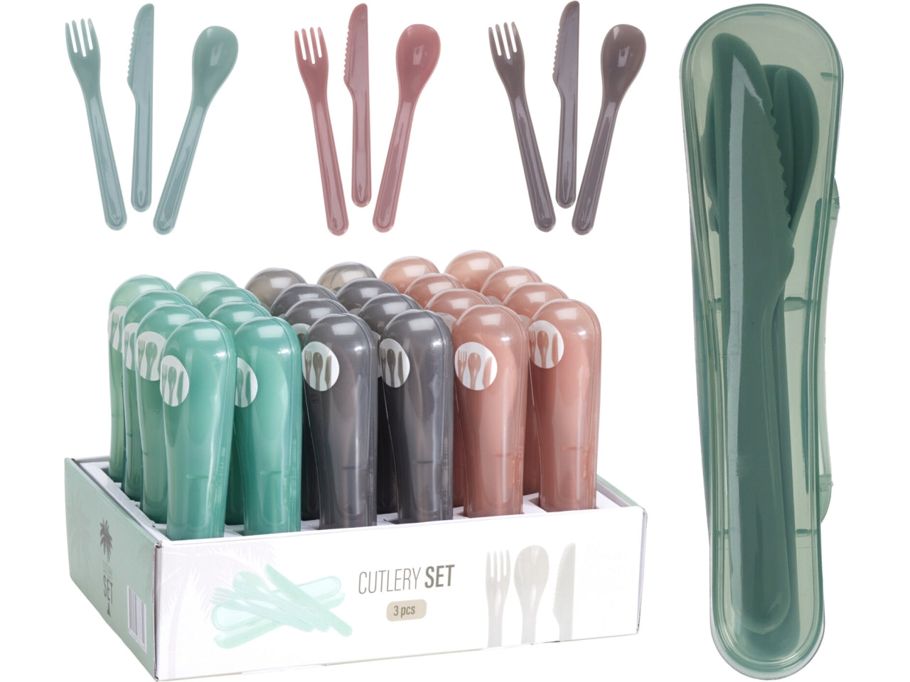 Set di posate in PP, 3 pezzi in custodia trasparente. Disponibile in 3 colori rustici assortiti