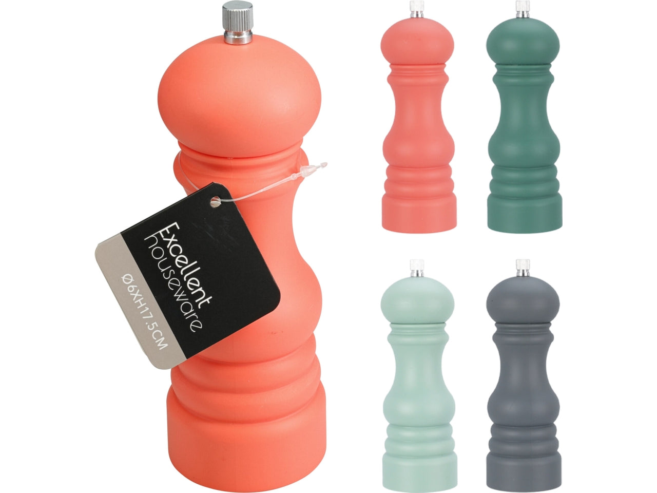 Macina pepe in PS con macinino in alluminio. Dimensioni d.6xh.17,5cm, peso 180gr. In 4 colori assortiti lucidi