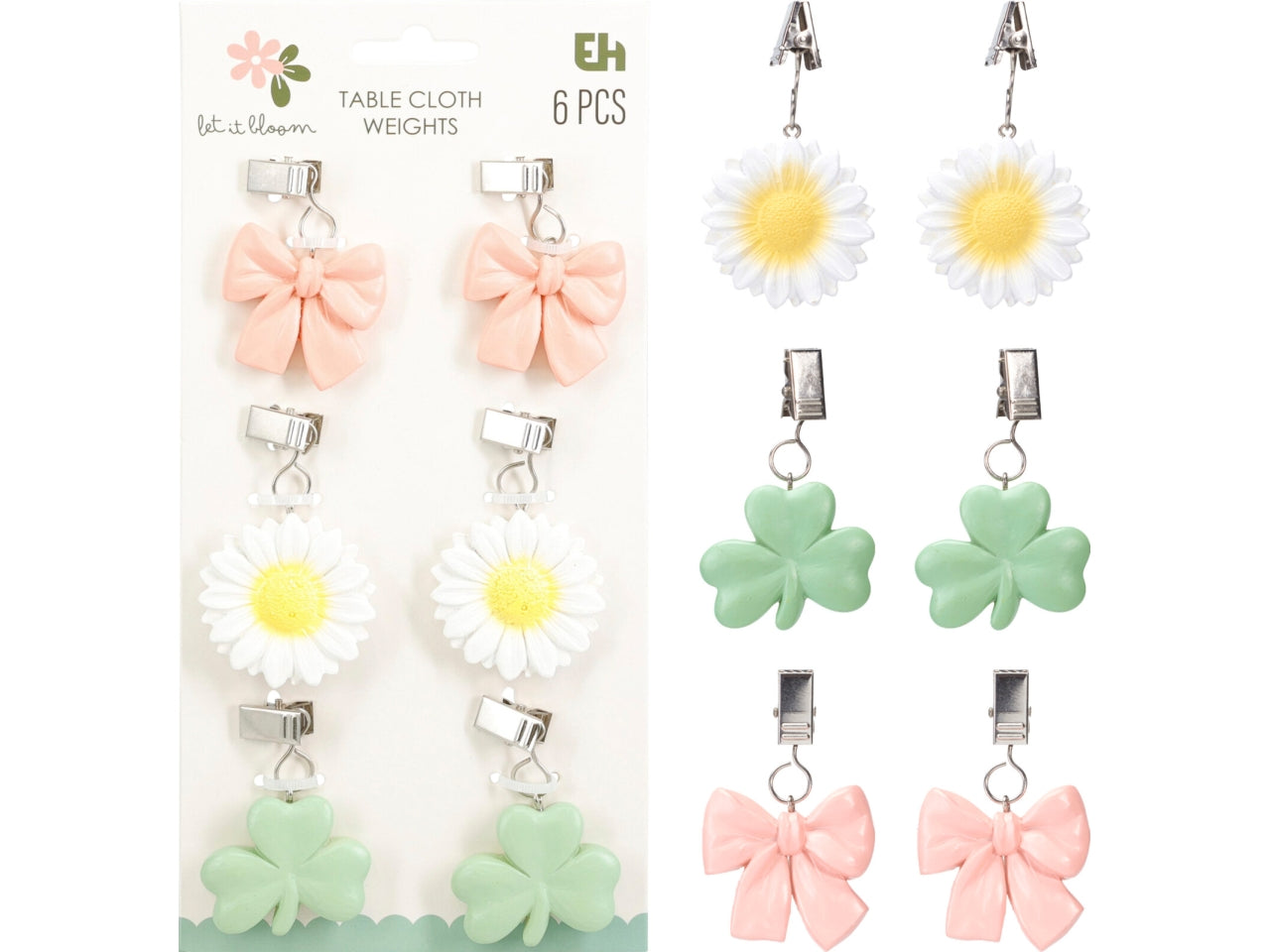 Set di 6 pesi per tovaglia in resina, 4,5x4,5cm e 25gr per pezzo, peso totale 150gr per set. Include 3 forme: quadrifoglio, margherita e fiocco